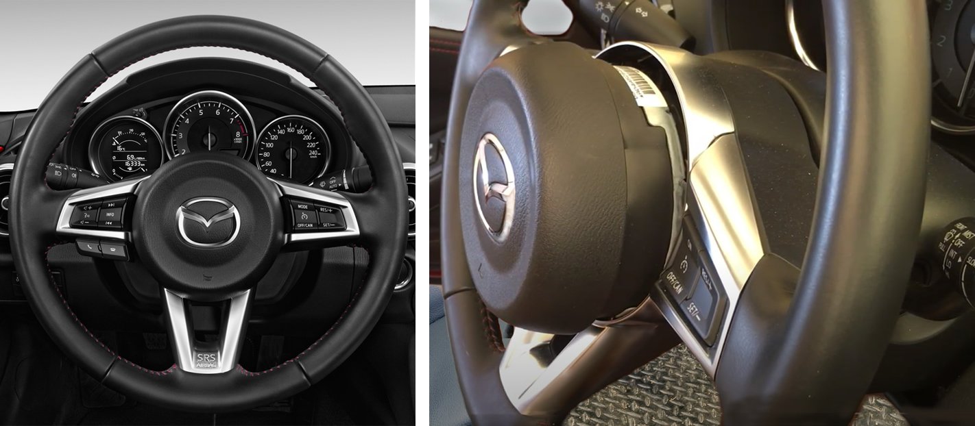 Two images. The steering wheel before work began and the air bag being removed.